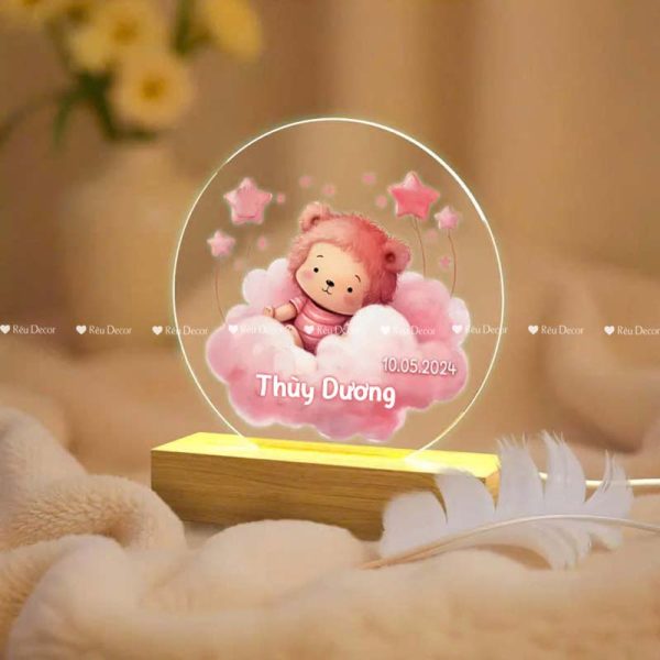 Đèn ngủ Gấu hồng khắc tên bé, Decor in UV sắc nét, quà sinh nhật, quà lưu niệm ý nghĩa - Hình ảnh 2